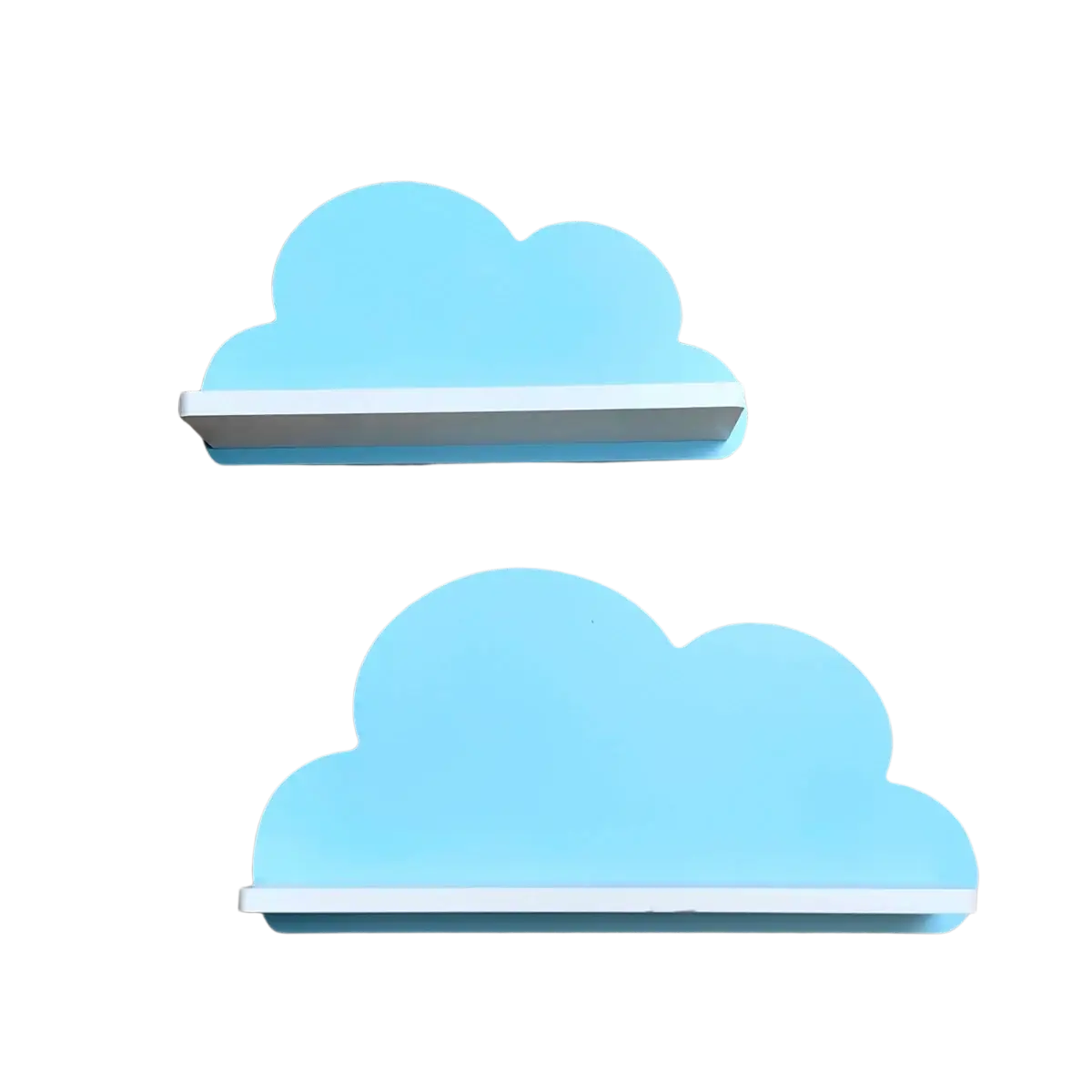 Rainbow cloud wooden kids wall bookshelf features light blue cloud-shaped wooden shelves with white edges