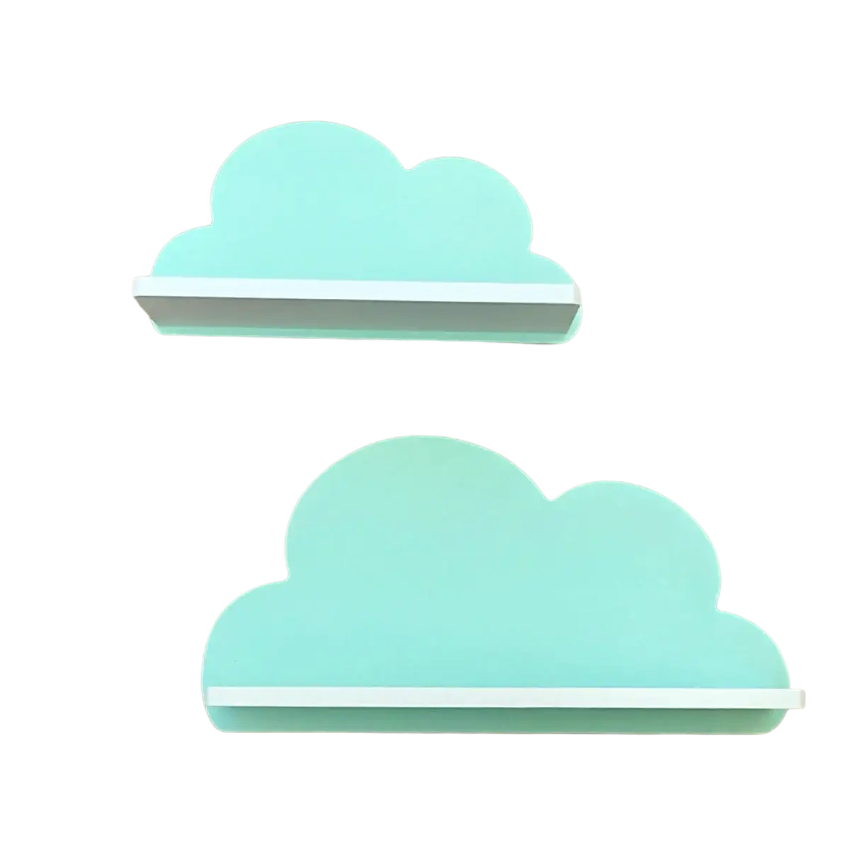 Rainbow cloud wooden kids wall bookshelf featuring light blue cloud-shaped wooden shelves with white trim
