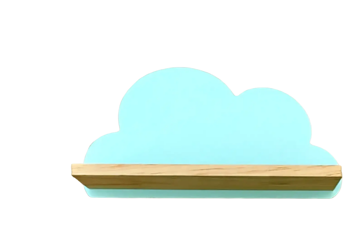 Rainbow cloud wooden kids wall bookshelf with light blue cloud-shaped shelf and natural wood horizontal support