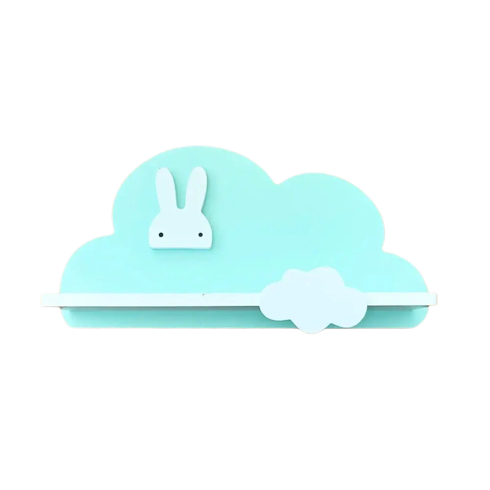 Light blue wooden rainbow cloud kids wall bookshelf with white bunny cutout and smaller white cloud accent