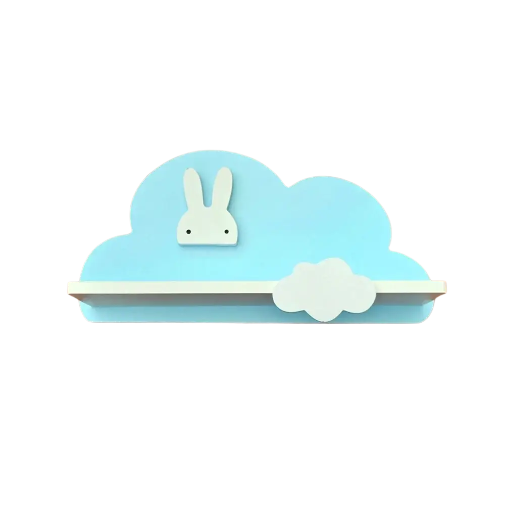 Rainbow cloud wooden kids wall bookshelf featuring a light blue cloud shape with white bunny and smaller cloud accents