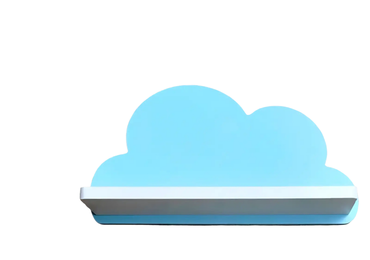 Rainbow cloud wooden kids wall bookshelf with a light blue cloud-shaped shelf and white wooden base for storage