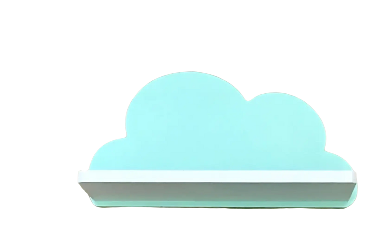 Rainbow cloud wooden kids wall bookshelf is a light blue cloud-shaped shelf with a white smooth material base