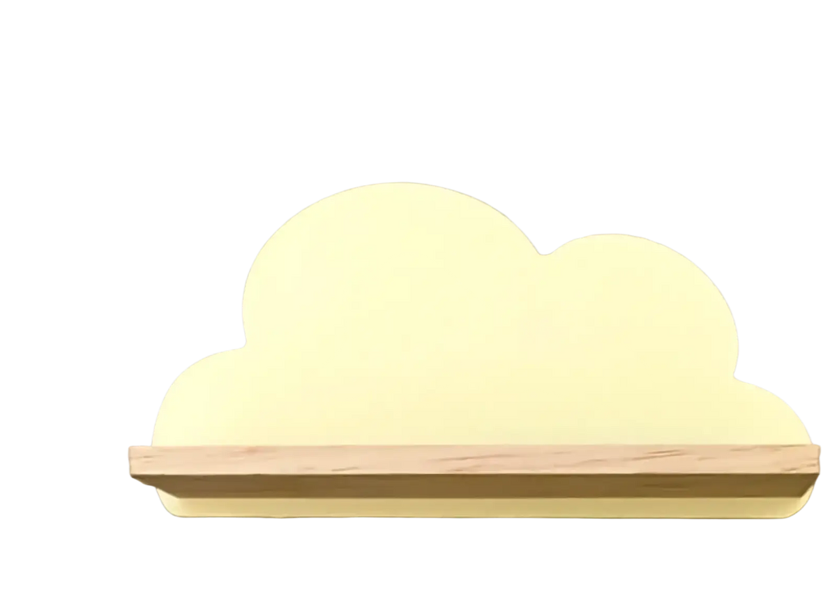 Rainbow cloud wooden kids wall bookshelf with a pale yellow cloud-shaped wooden shelf and natural wood base