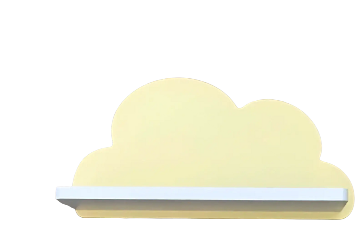 Rainbow Cloud wooden kids wall bookshelf features a pale yellow cloud shape with a white horizontal support bar