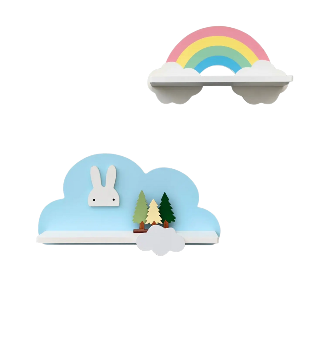 Pastel blue wooden cloud-shaped kids wall bookshelf featuring a white bunny and miniature trees on top