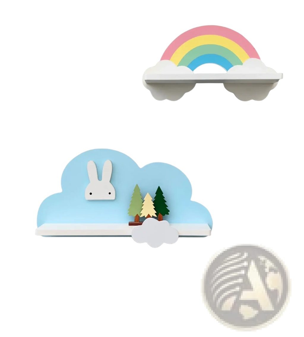 Pastel blue wooden cloud-shaped kids wall bookshelf featuring a white bunny and miniature trees on top