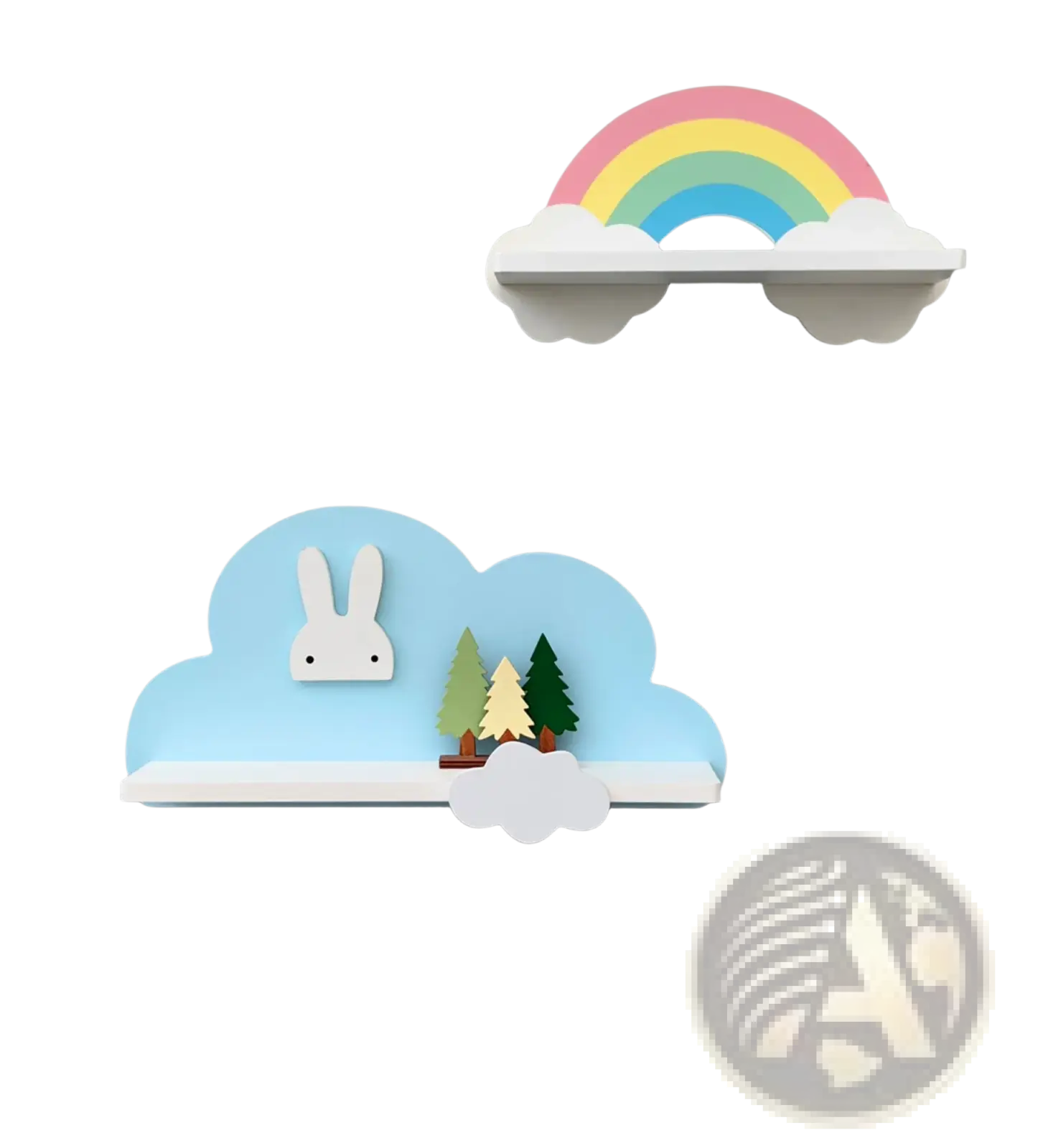 Pastel blue wooden cloud-shaped kids wall bookshelf featuring a white bunny and miniature trees on top