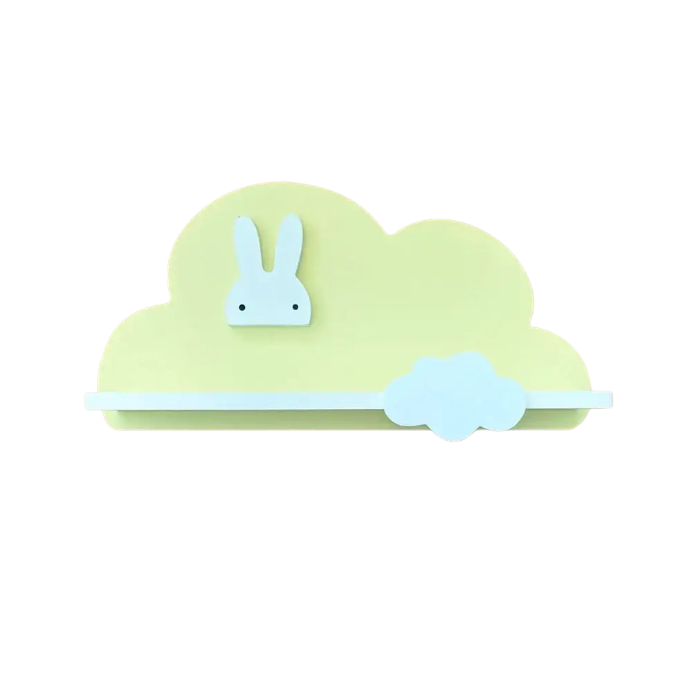 Pastel green cloud-shaped wooden kids wall bookshelf with light blue bunny face and smaller cloud accent