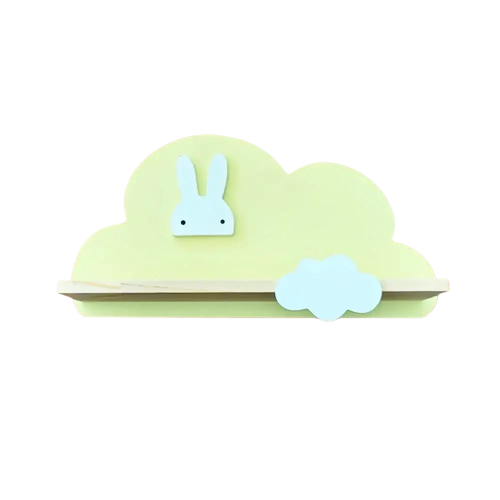 Pastel green cloud-shaped wooden kids wall bookshelf with light blue bunny face and smaller matching cloud cutout