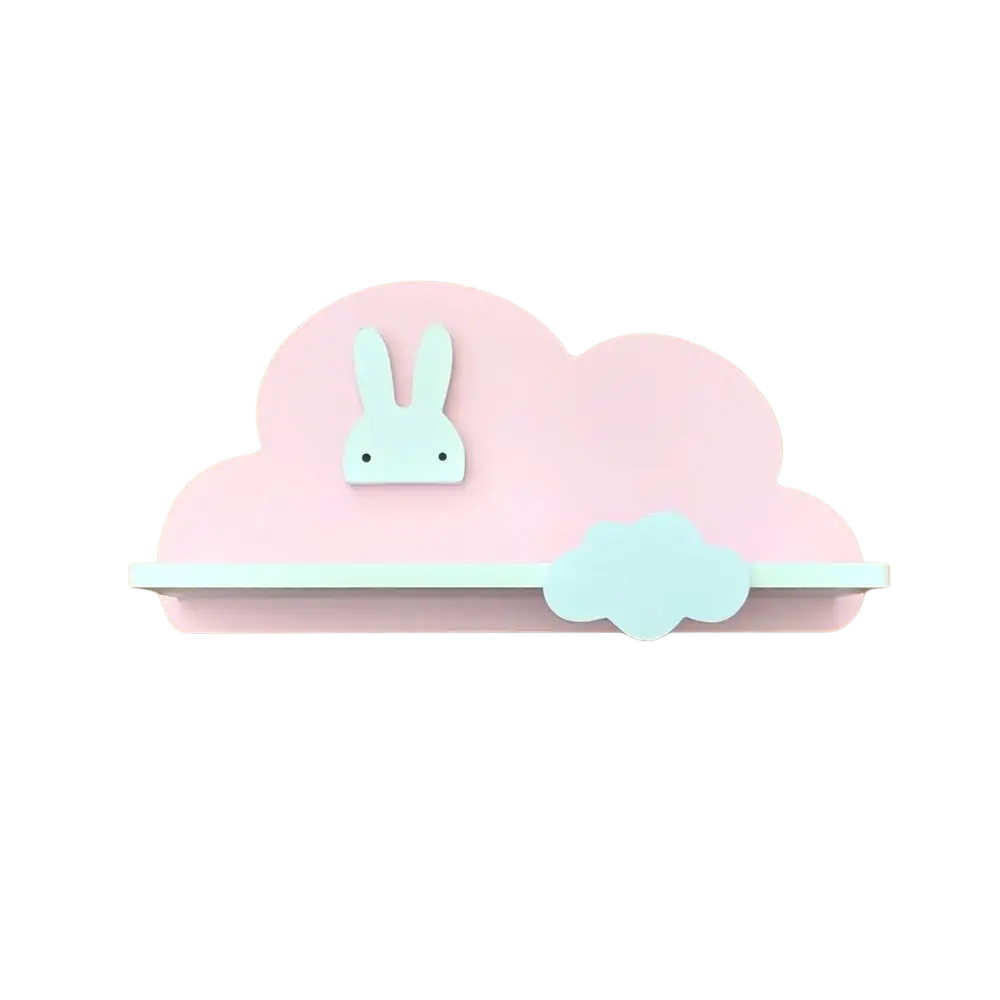 Pastel pink and mint green wooden cloud-shaped kids wall bookshelf with a small bunny face cutout