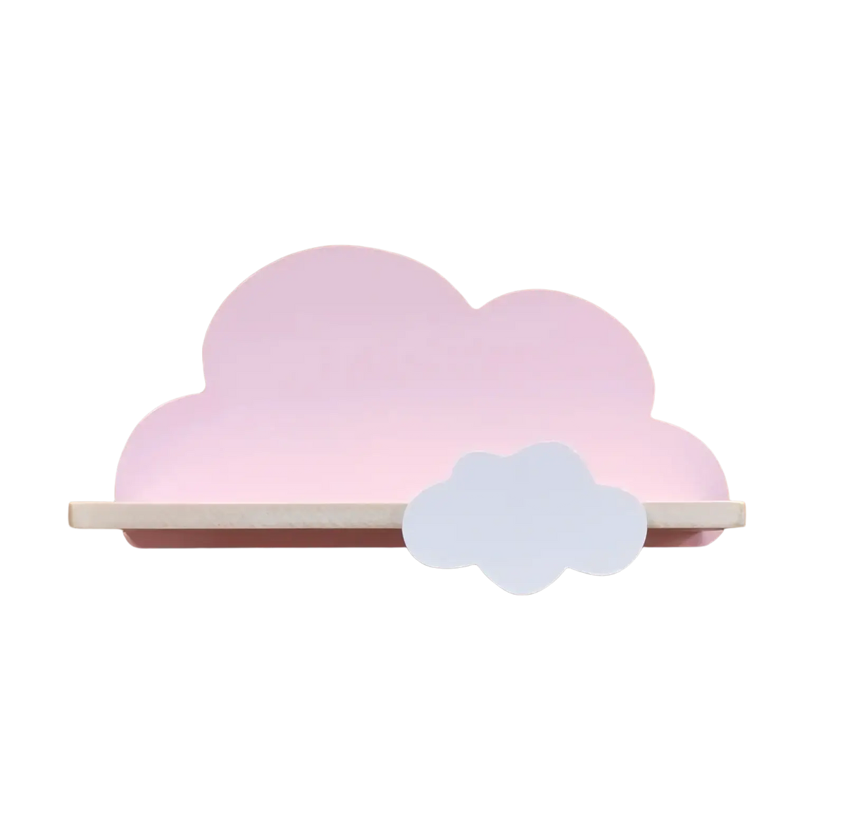 Pastel pink cloud-shaped wooden kids wall bookshelf with smaller white cloud accent for children’s books storage