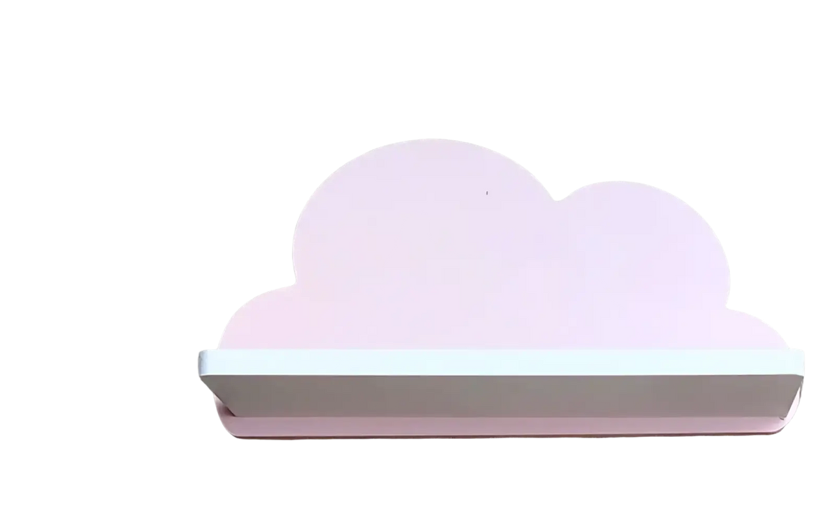 Pastel pink cloud-shaped wooden kids wall bookshelf with white base designed for children’s room storage