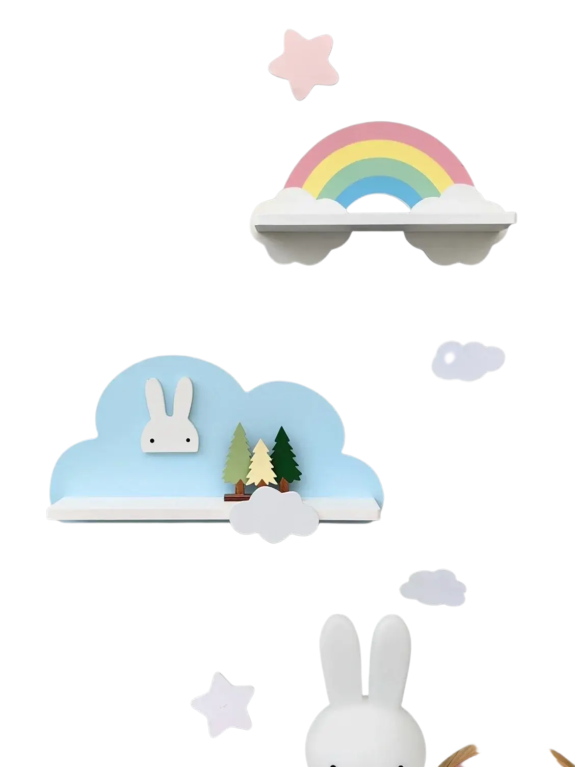 Pastel rainbow-shaped wooden kids wall bookshelf with white cloud bases and colorful arch design for children’s rooms