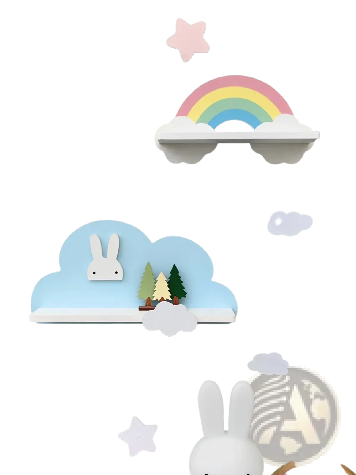 Pastel rainbow-shaped wooden kids wall bookshelf with white cloud bases and colorful arch design for children’s rooms