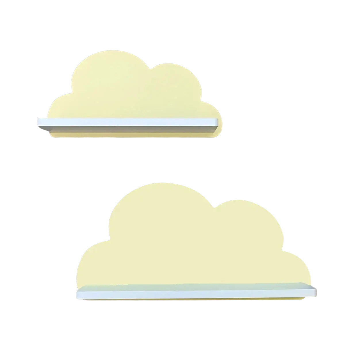 Pastel yellow cloud-shaped wooden kids wall bookshelf with white horizontal supports for children’s room storage