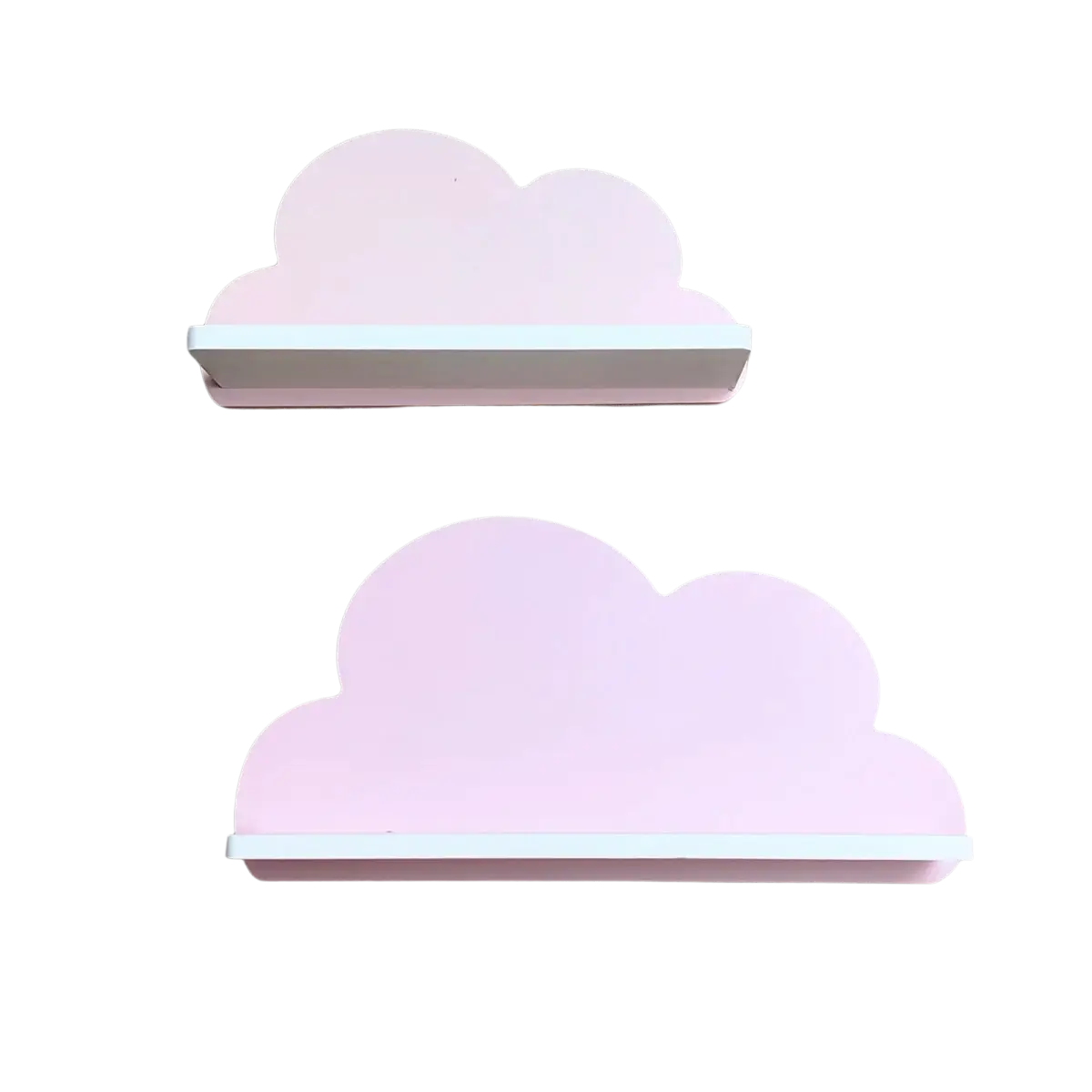 Pink wooden cloud-shaped kids wall bookshelf with white edges for organizing books and toys