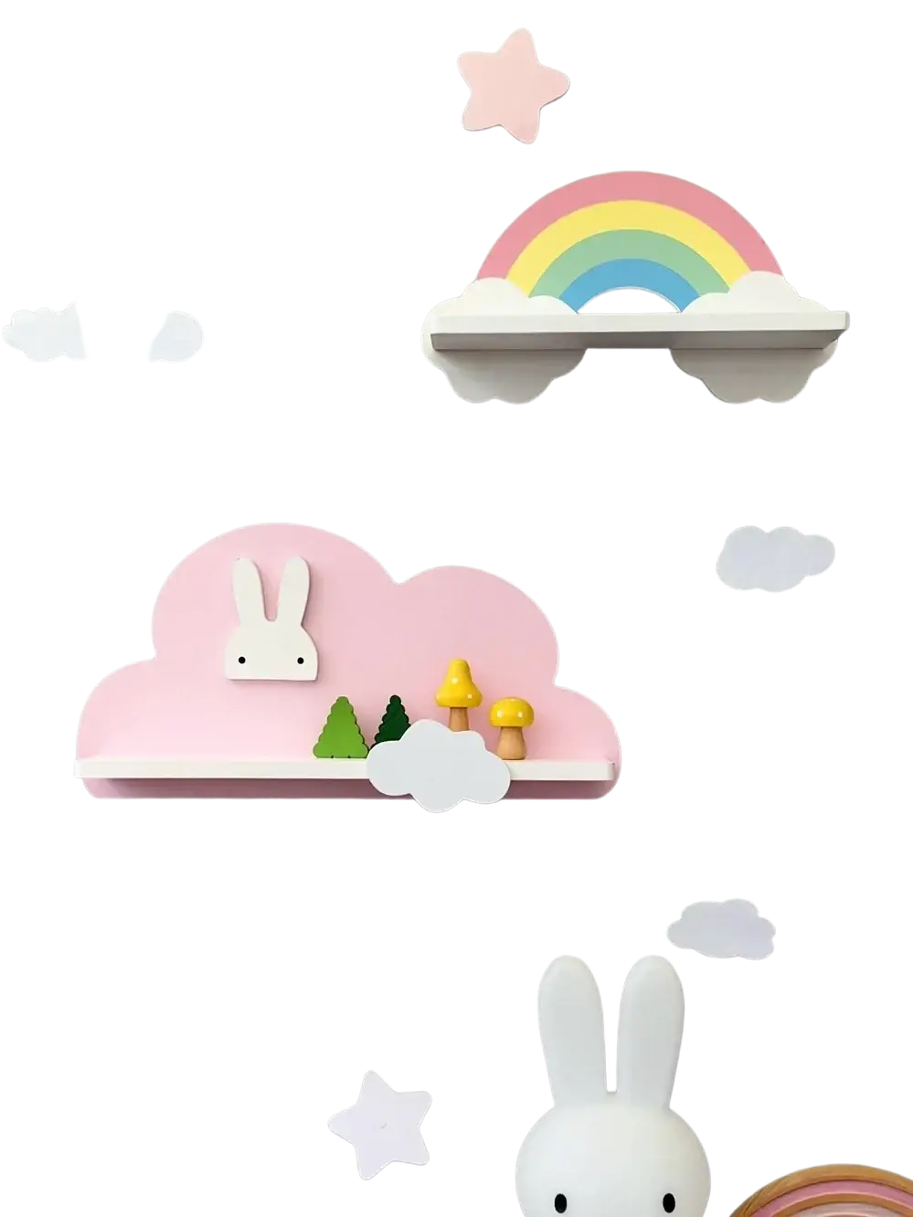 Rainbow cloud wooden kids wall bookshelf featuring a pink cloud-shaped wooden shelf with a white rabbit face and miniature trees and mushrooms
