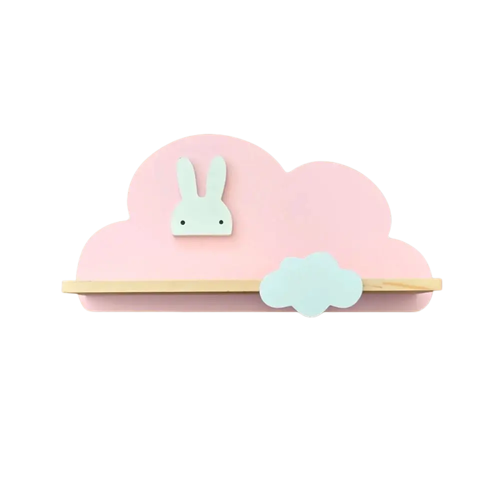 Pink cloud shaped wooden kids wall bookshelf with light green bunny and smaller blue cloud accents