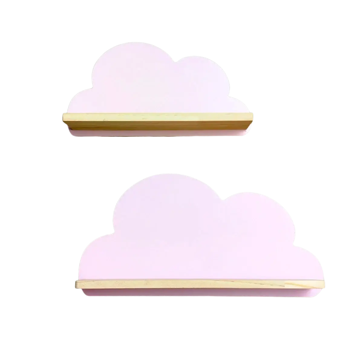 Pink cloud-shaped wooden kids wall bookshelf with light wood trim for colorful children’s room storage