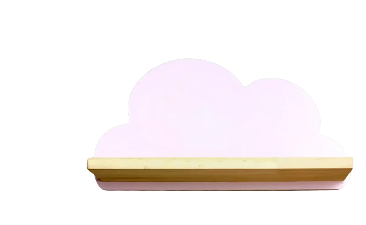 Rainbow cloud wooden kids wall bookshelf featuring a pink cloud-shaped shelf with a light wood-colored horizontal bar
