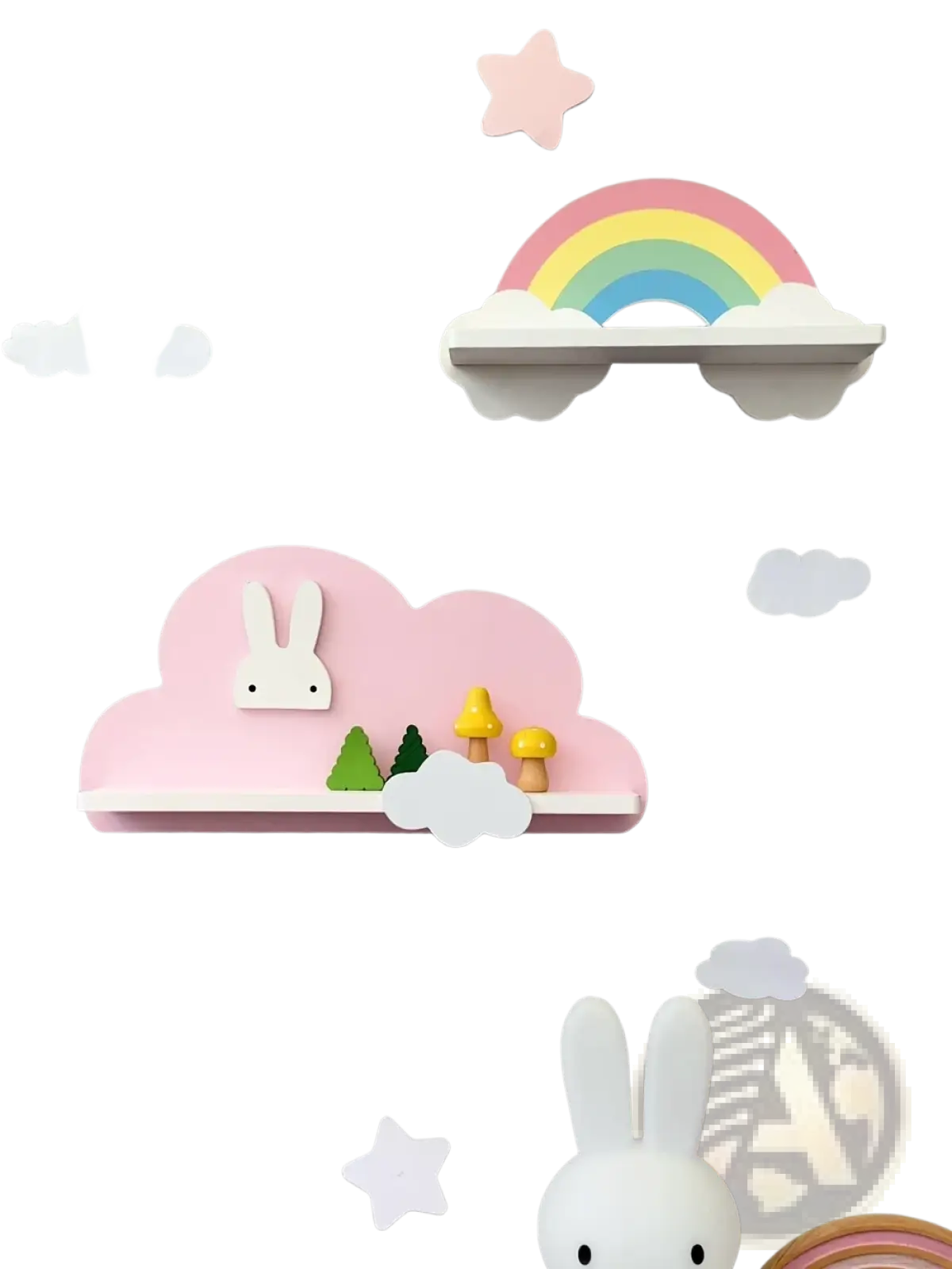 Rainbow cloud wooden kids wall bookshelf featuring a pink cloud-shaped wooden shelf with a white rabbit face and miniature trees and mushrooms