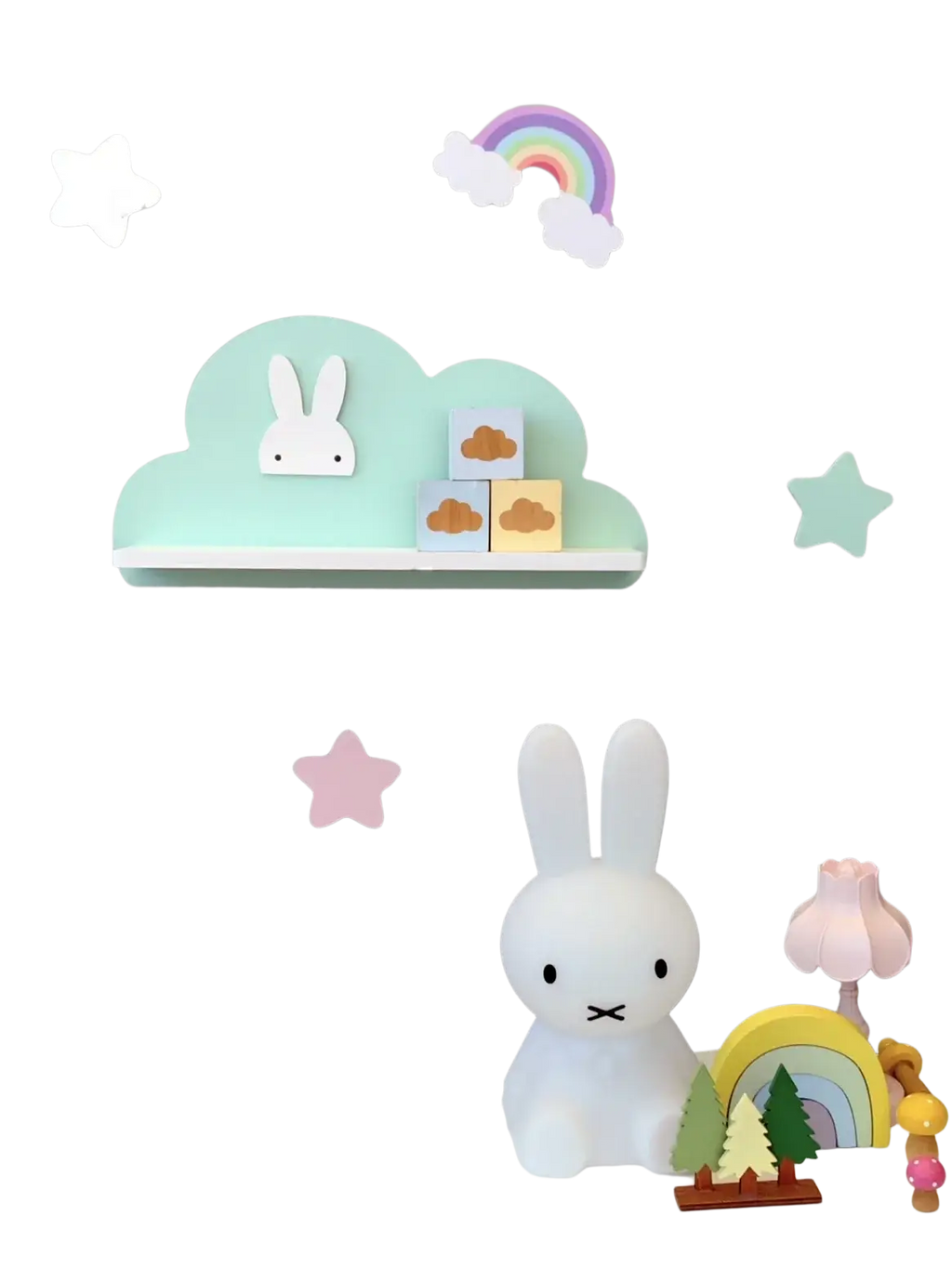 A soft white miffy lamp with minimalist design sits on a round table near the rainbow cloud wooden kids wall bookshelf