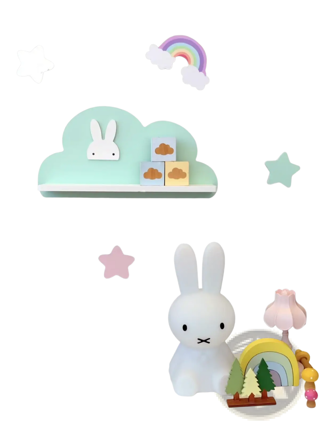 A soft white miffy lamp with minimalist design sits on a round table near the rainbow cloud wooden kids wall bookshelf