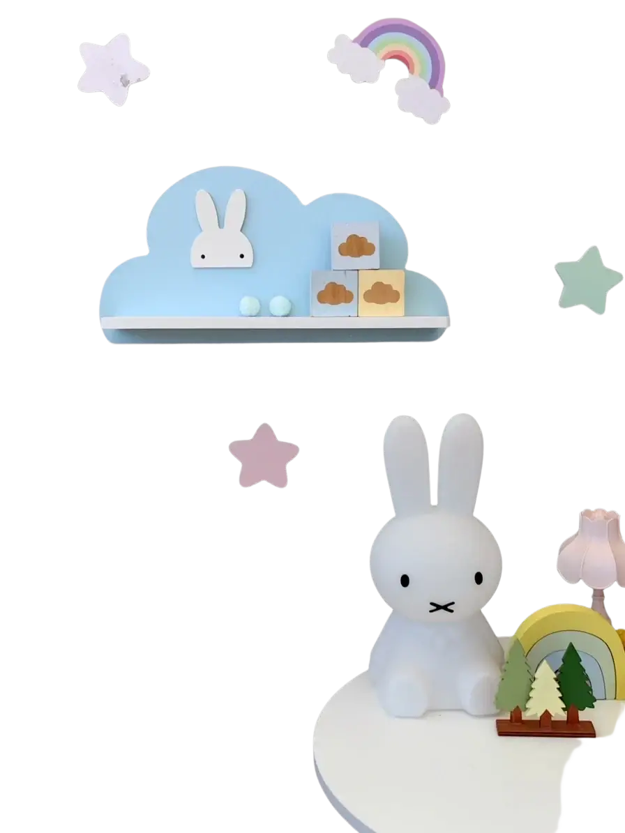White miffy lamp with soft rounded features and minimalist design displayed on rainbow cloud wooden kids wall bookshelf