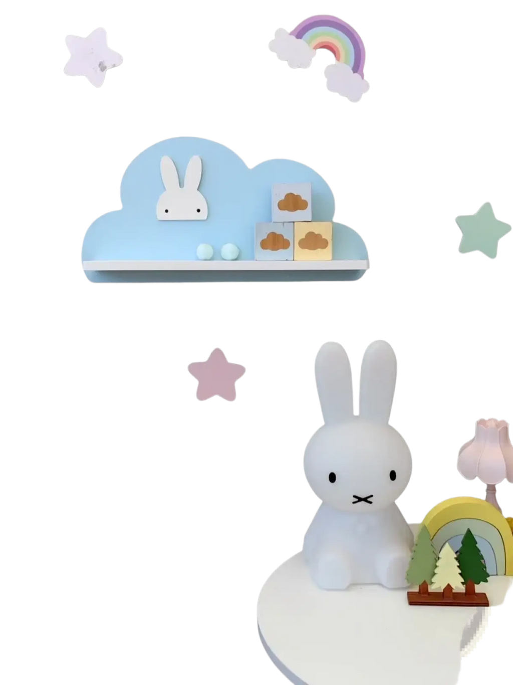 White miffy lamp with soft rounded features and minimalist design displayed on rainbow cloud wooden kids wall bookshelf