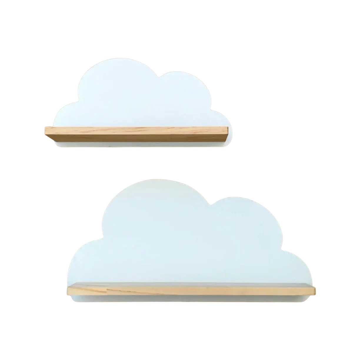 White cloud-shaped wooden kids wall bookshelf with light wood accents designed for children’s room storage