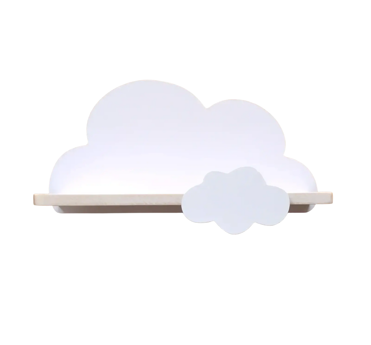 White cloud-shaped wooden kids wall bookshelf with smaller cloud cutout on front for children’s book storage