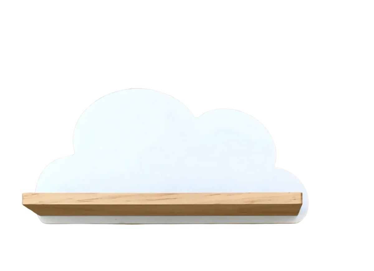 White cloud-shaped kids wall bookshelf with light wood horizontal support made of wood for rainbow cloud collection