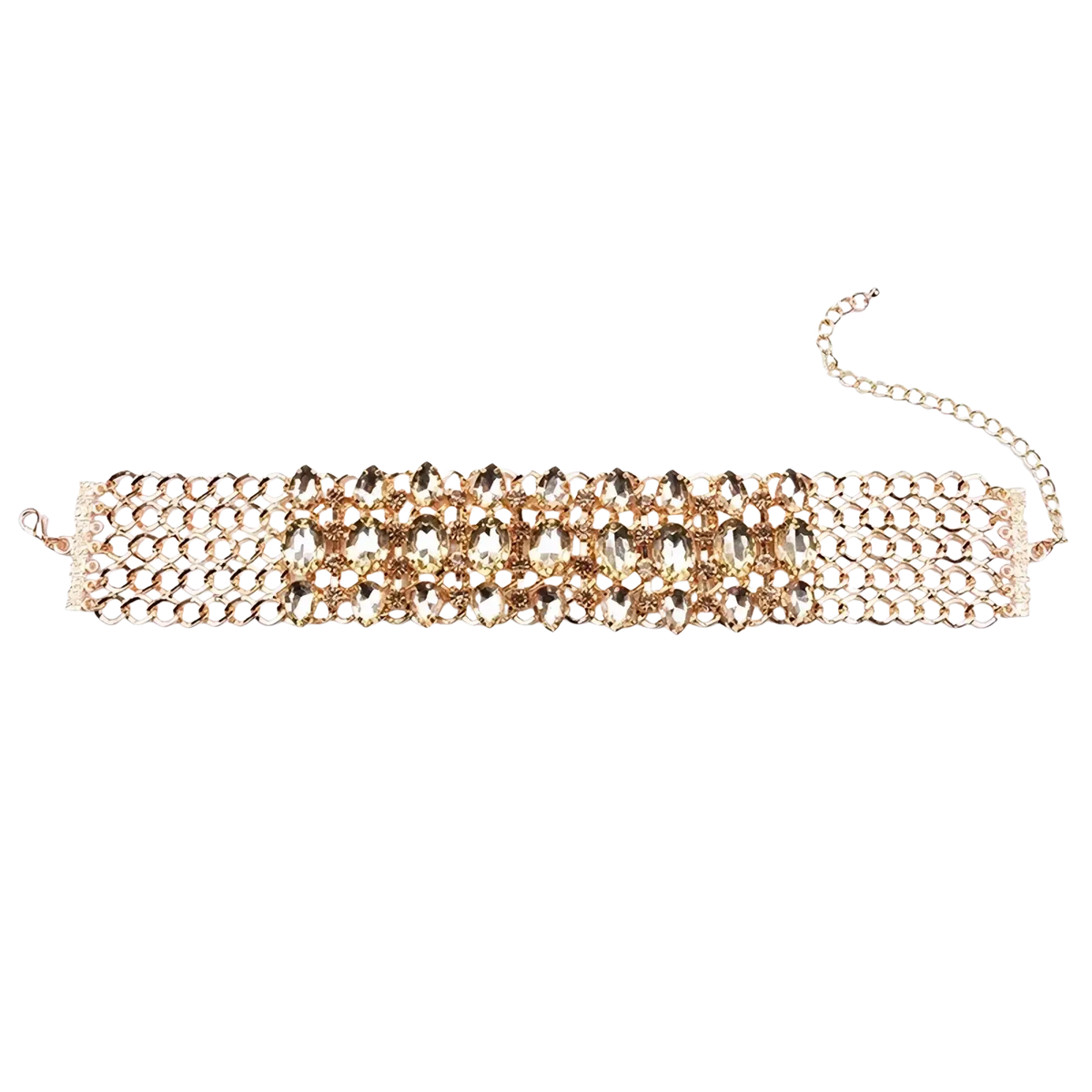Gold-toned rainbow crystal multi strand choker necklace with layered mesh design and amber faceted crystals