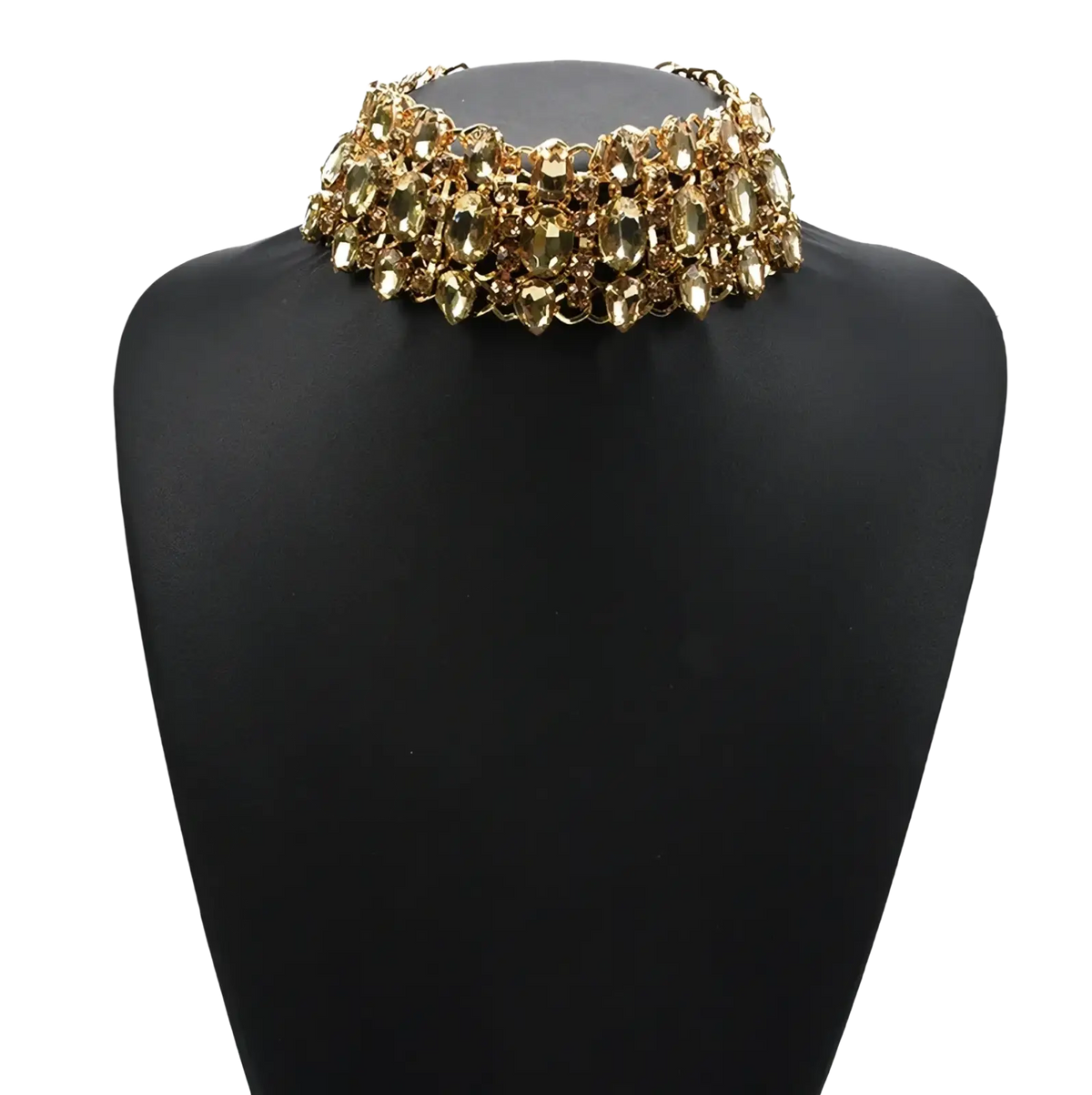 Gold-toned rainbow crystal multi strand choker necklace with faceted oval crystals in an intricate metal framework