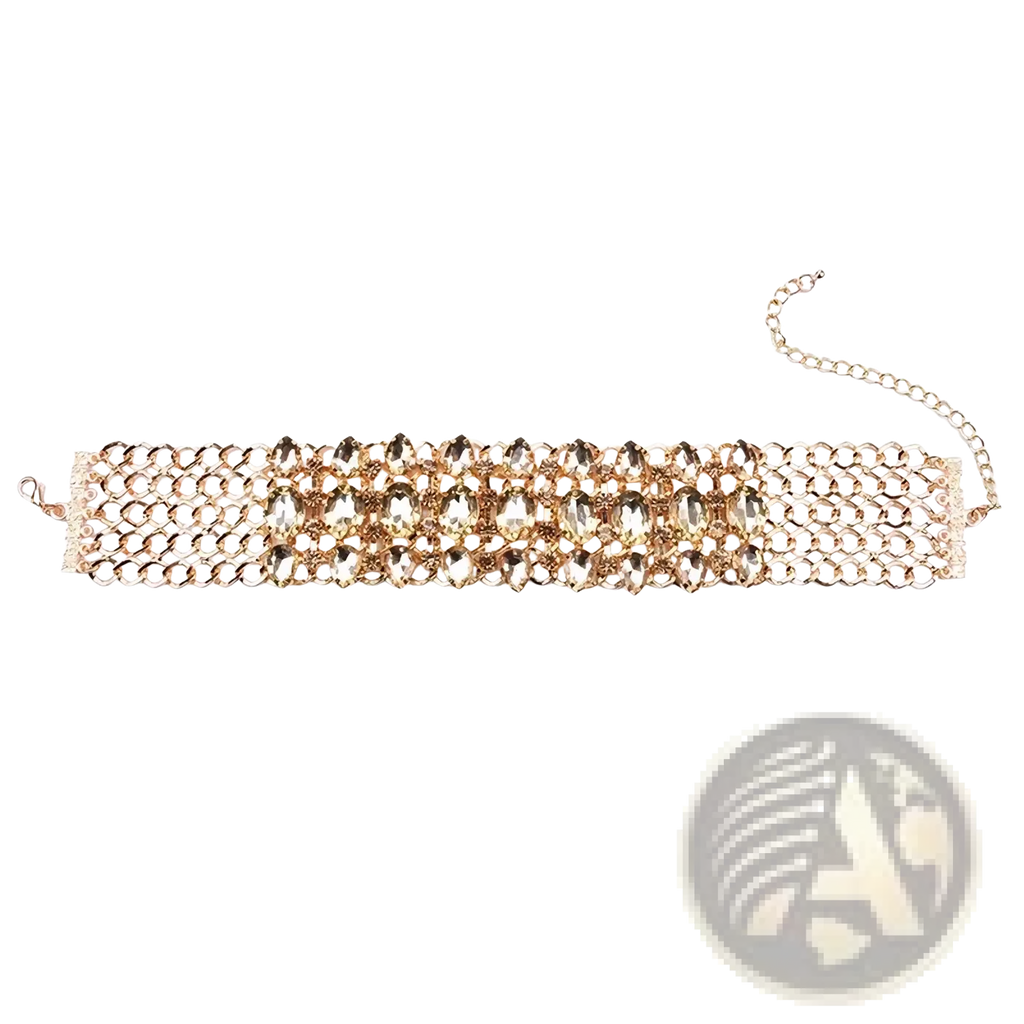 Gold-toned rainbow crystal multi strand choker necklace with layered mesh design and amber faceted crystals