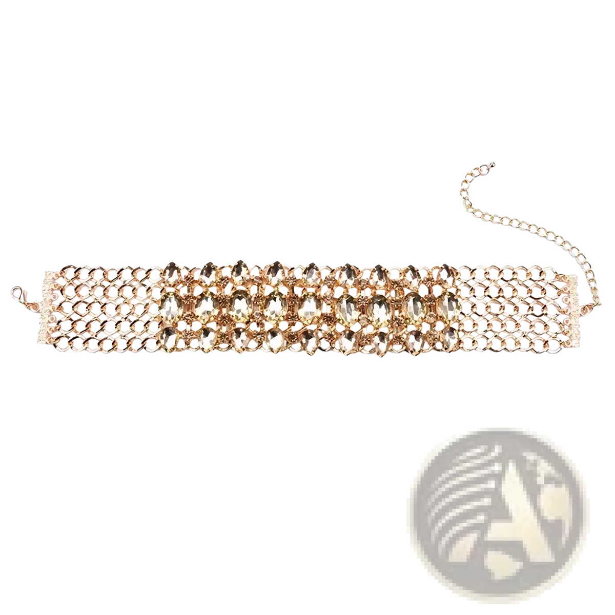 Gold-toned rainbow crystal multi strand choker necklace with layered mesh design and amber faceted crystals