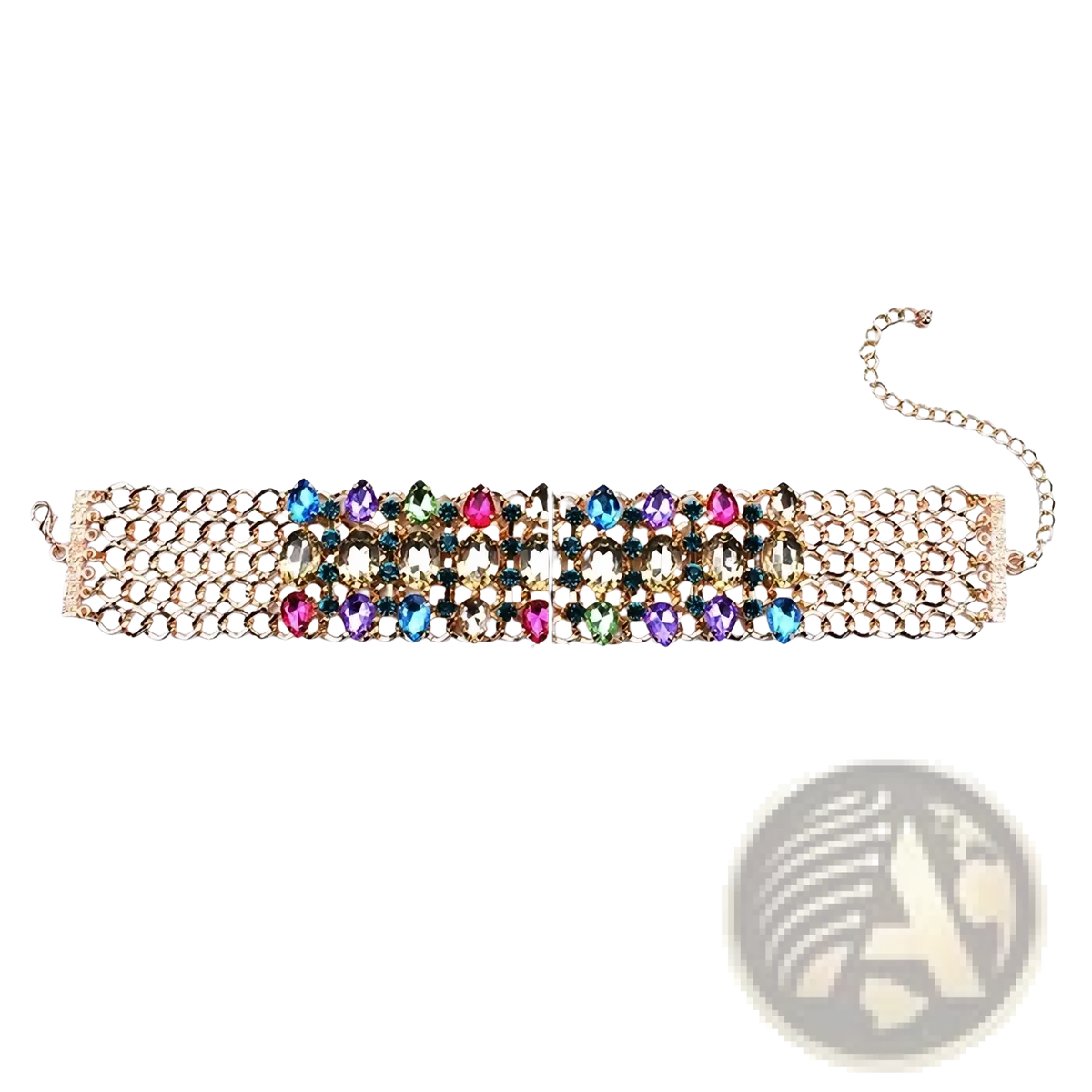 A shimmering gold-toned choker necklace with a multi-row chain design and vibrant faceted rainbow-colored crystals