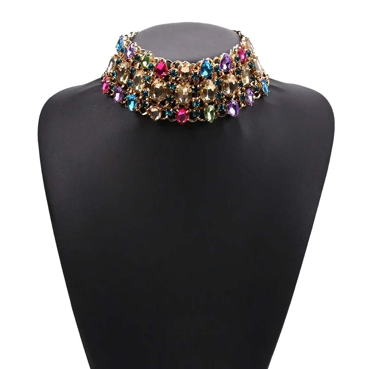 A vibrant rainbow crystal multi strand choker necklace with colorful faceted crystals on a gold-toned metal base