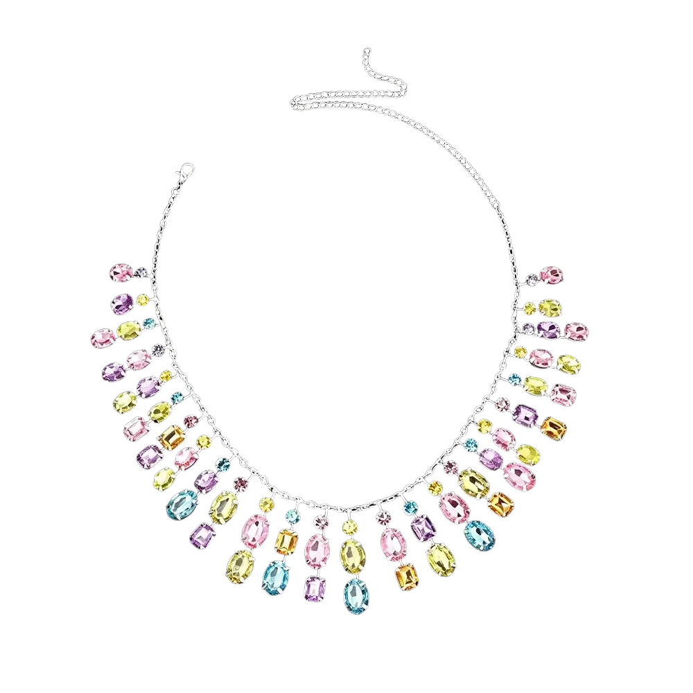 Rainbow crystal tassel choker necklace with colorful pastel oval-cut stones and silver chain with dangling gems