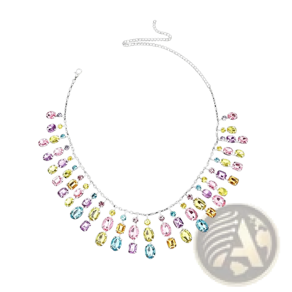 Rainbow crystal tassel choker necklace with colorful pastel oval-cut stones and silver chain with dangling gems