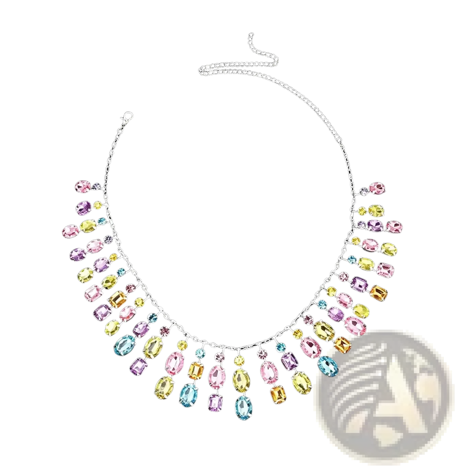 Rainbow crystal tassel choker necklace with colorful pastel oval-cut stones and silver chain with dangling gems