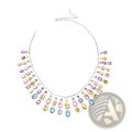 A vibrant rainbow crystal tassel choker necklace with a silver chain and pastel pink yellow blue purple and orange crystals