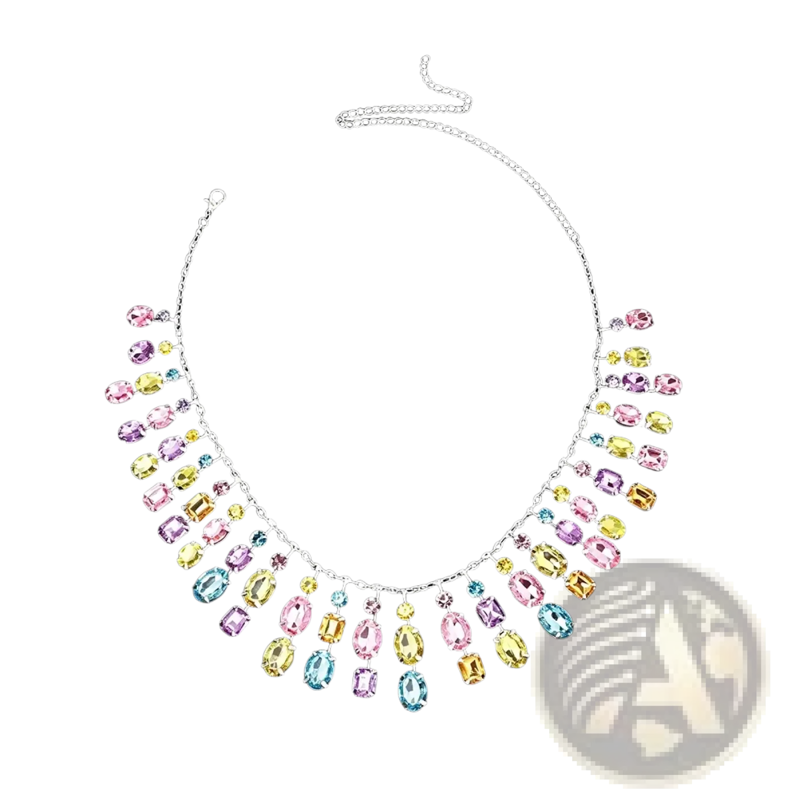 A vibrant rainbow crystal tassel choker necklace with a silver chain and pastel pink yellow blue purple and orange crystals