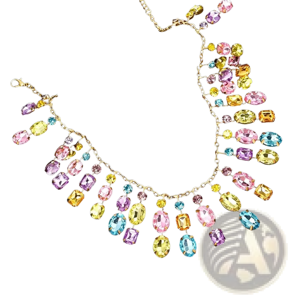 A vibrant gold-toned rainbow crystal tassel choker necklace with cascading oval and rectangular rhinestones