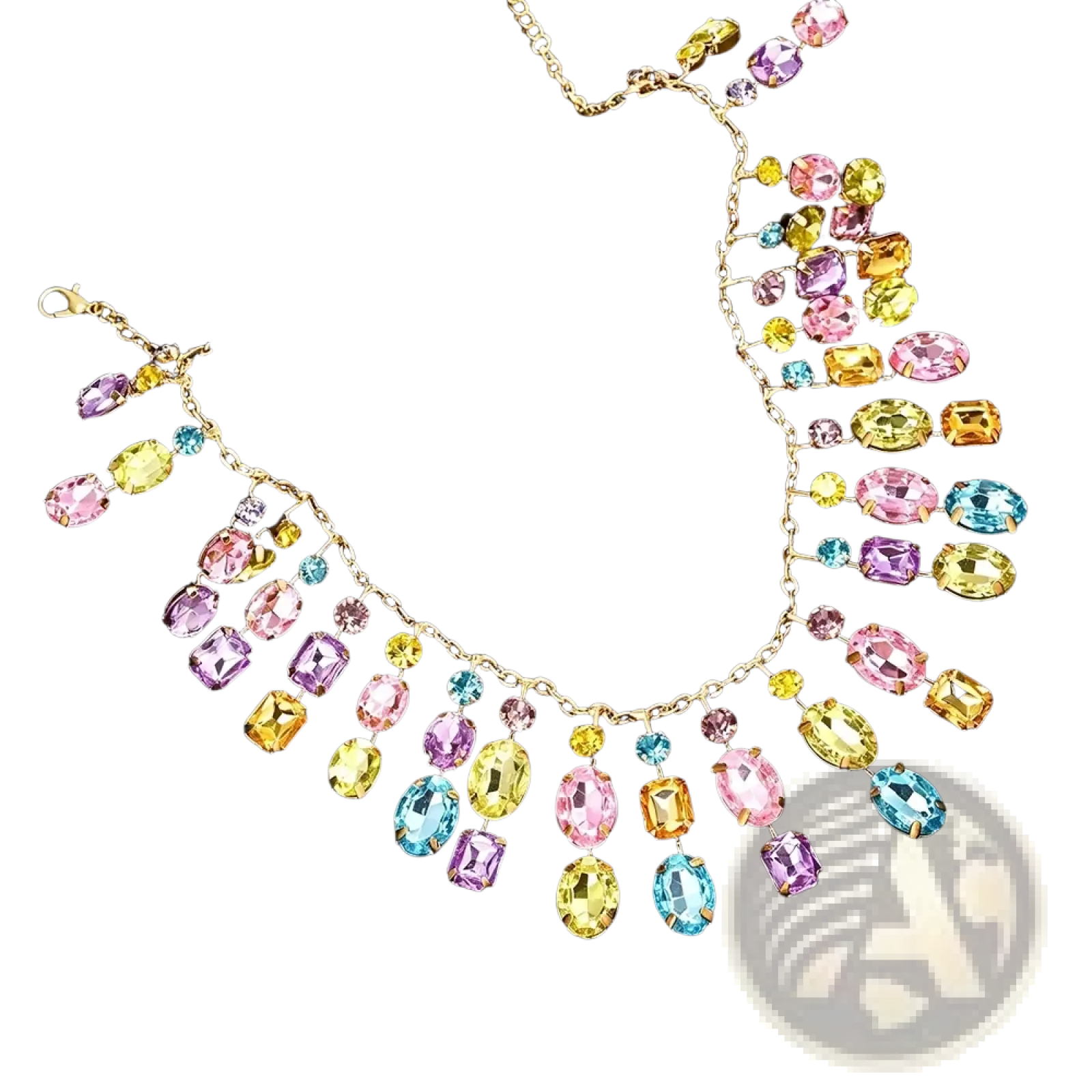 A vibrant gold-toned rainbow crystal tassel choker necklace with cascading oval and rectangular rhinestones