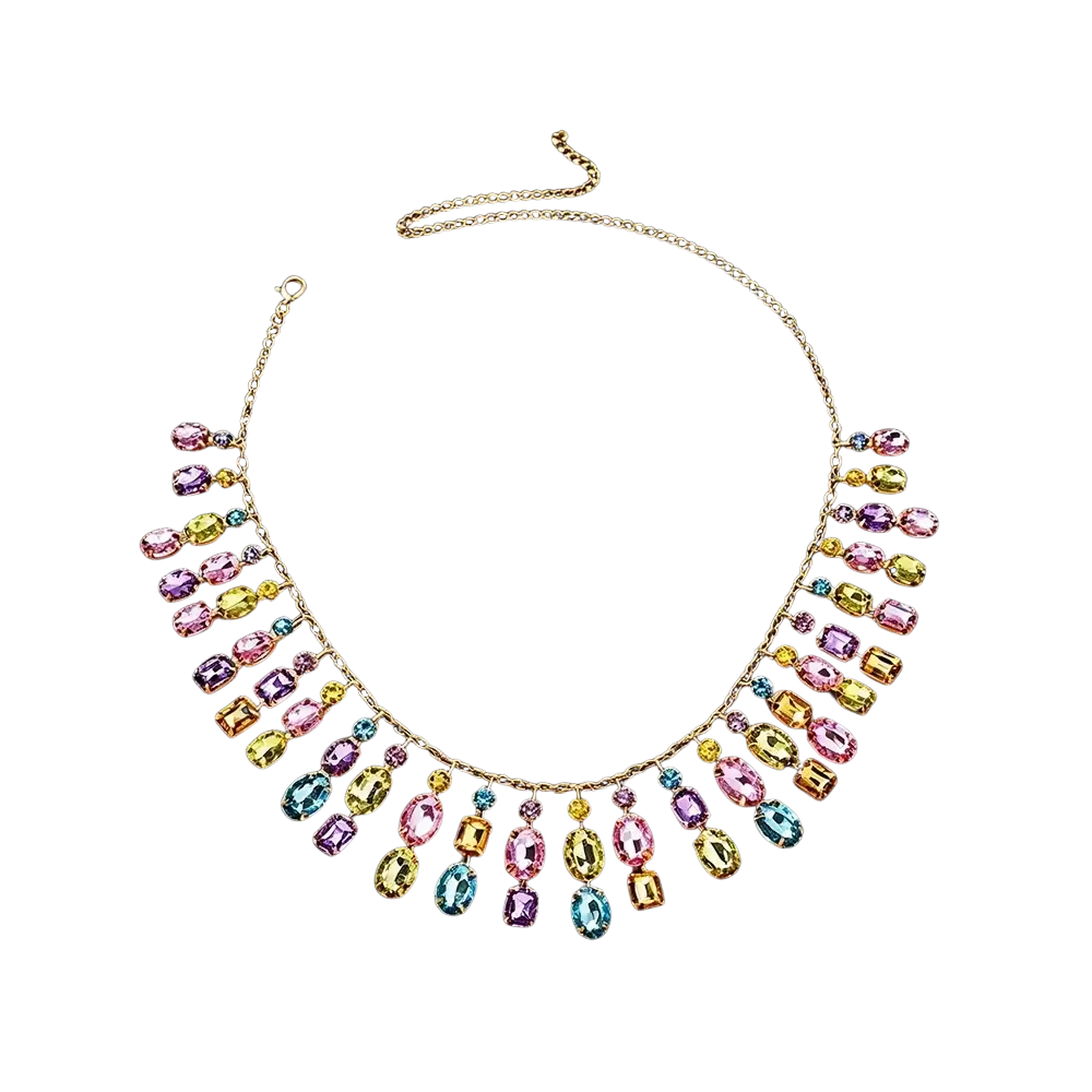 A gold-toned rainbow crystal tassel choker necklace with cascading pink yellow purple blue and orange crystals