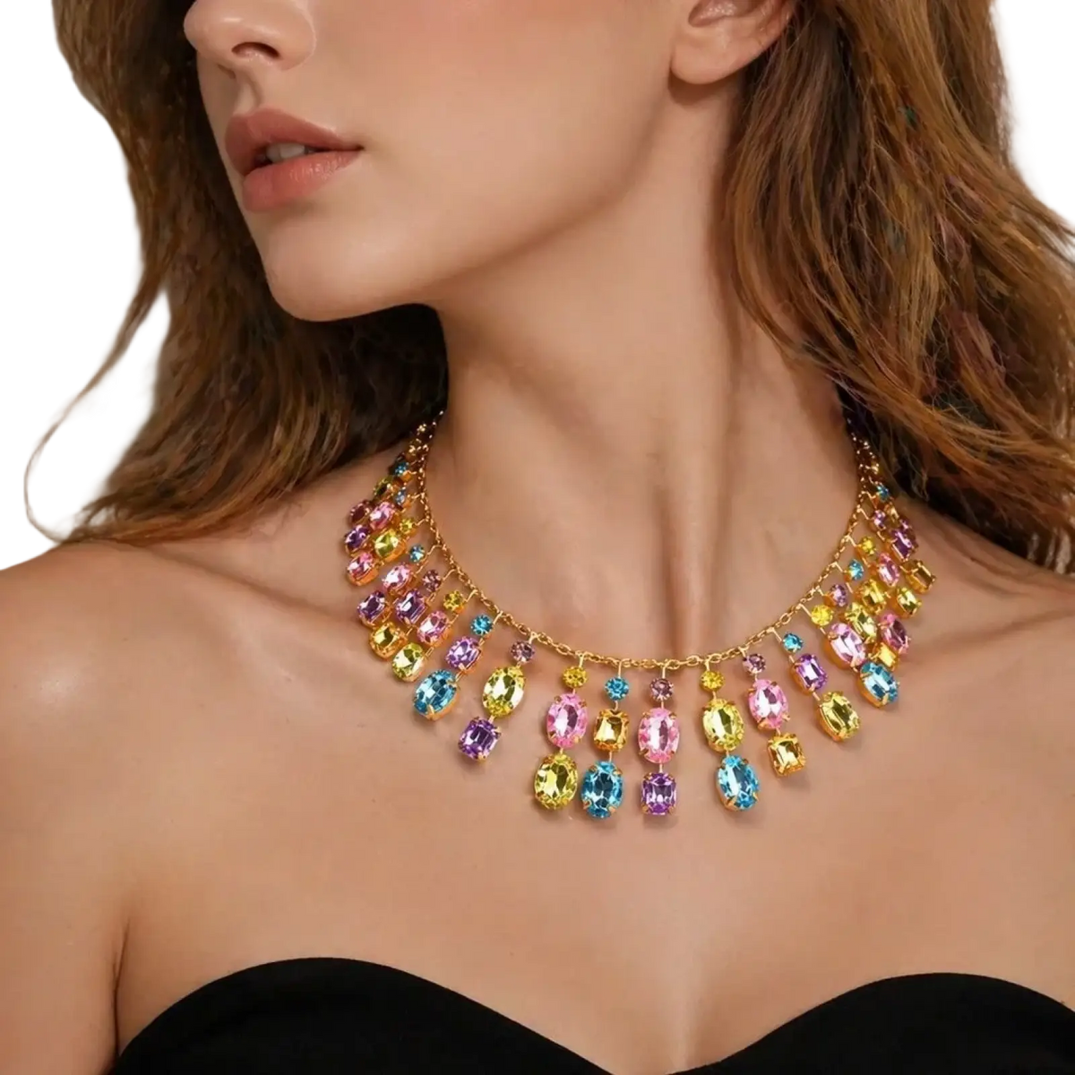 A vibrant rainbow crystal tassel choker necklace with cascading pink yellow blue and purple gemstones on gold chain