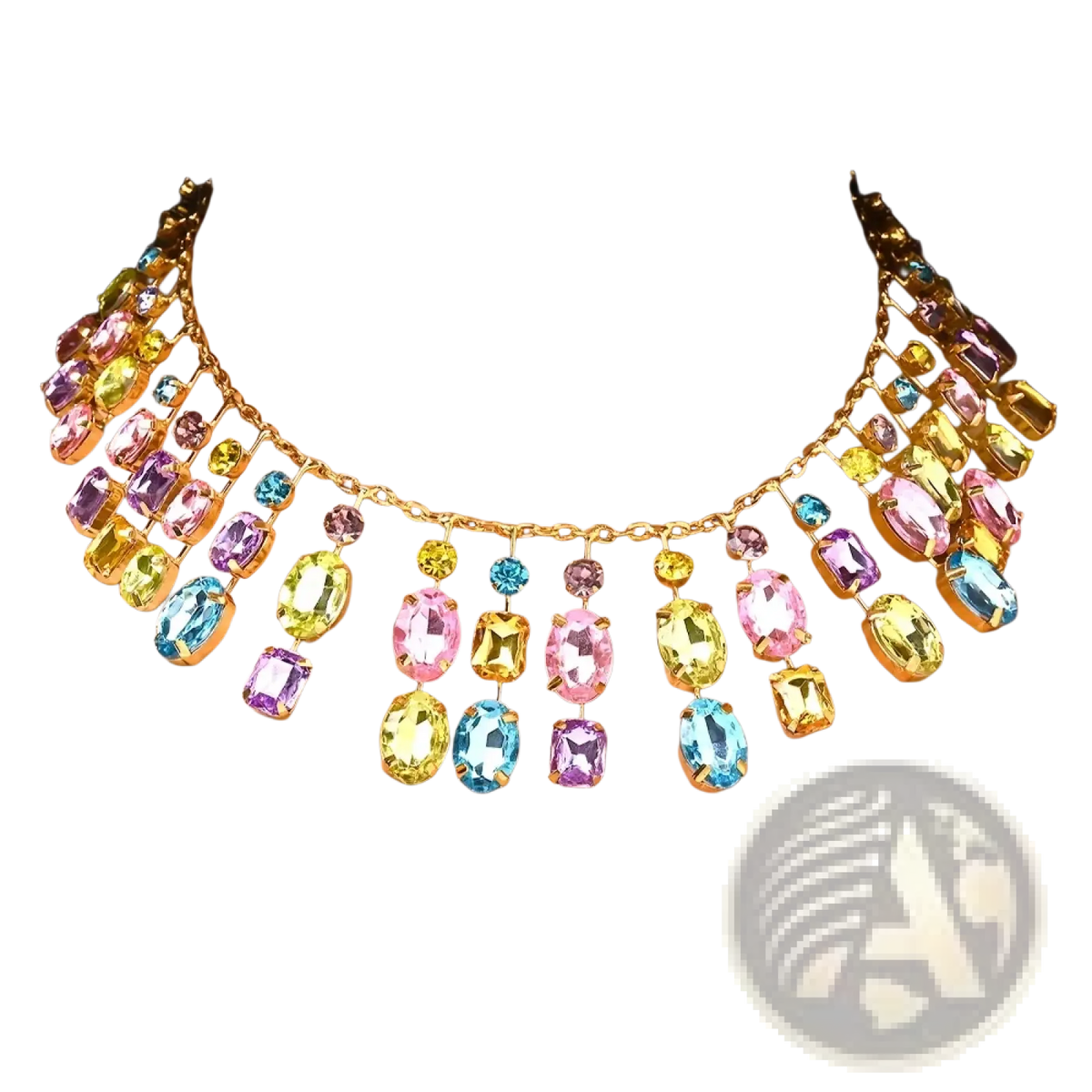 A vibrant multi-colored rainbow crystal tassel choker necklace with gold-tone chain and dangling pink blue yellow and purple stones