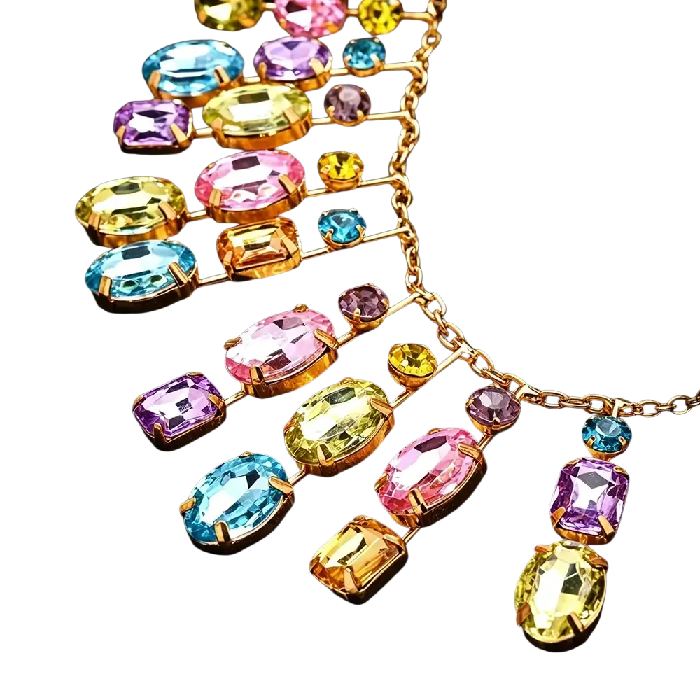 A vibrant rainbow crystal tassel choker necklace with multi-strand gold-toned chains and colorful oval and rectangular gemstones